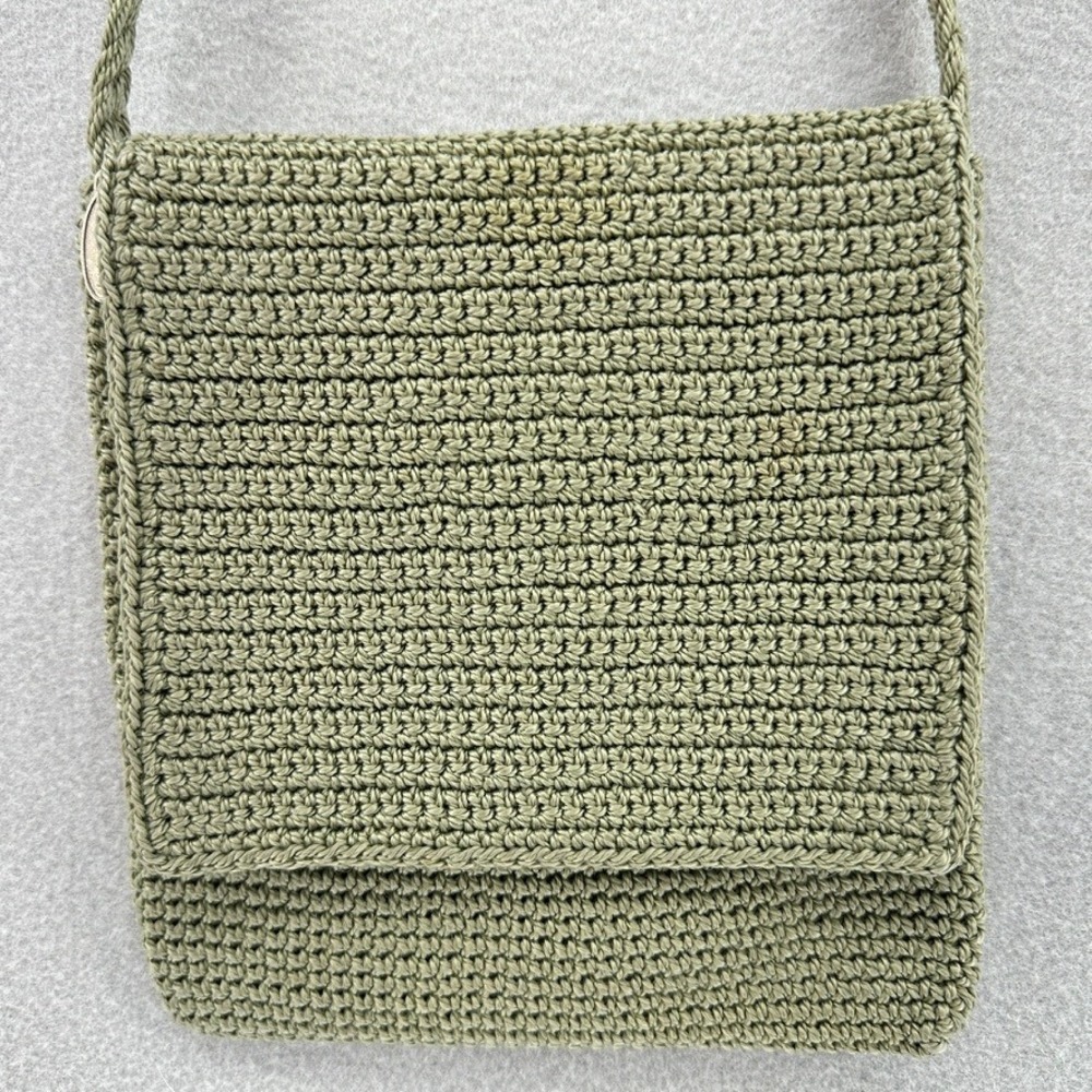 Old Navy Olive Green Crochet Knit Flap Crossbody Bag Boho Coastal Grandma Travel